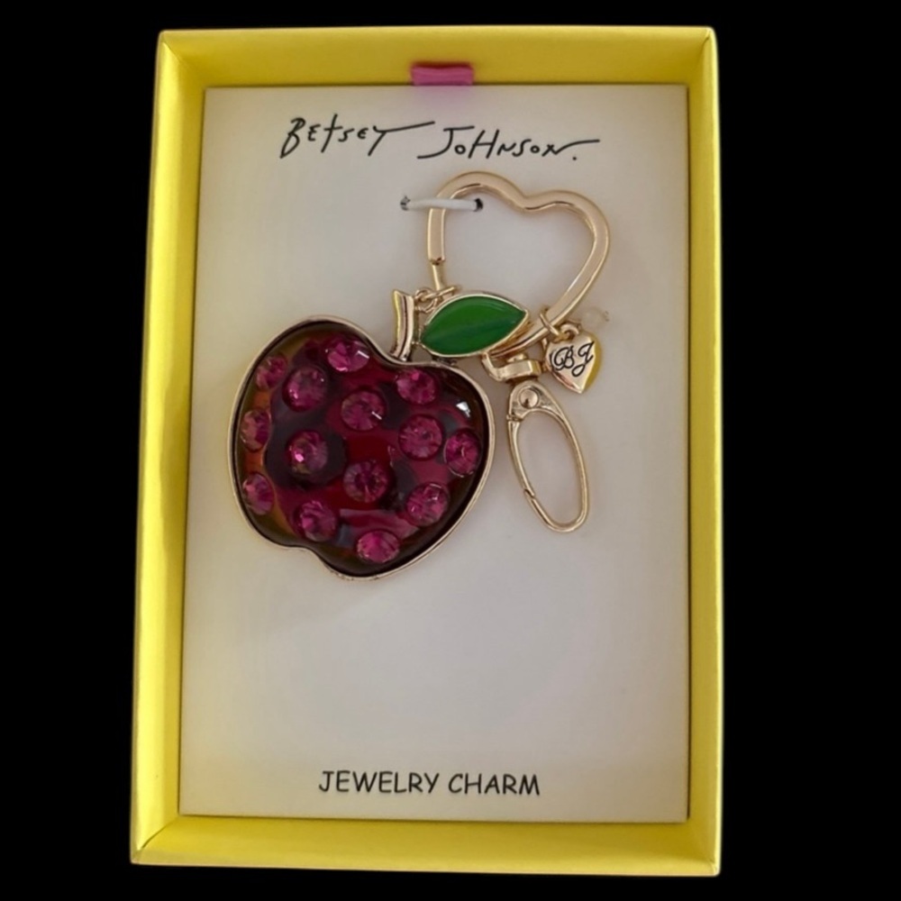 BETSEY JOHNSON Crystal-Studded Translucent Red Apple Bag Charm Keychain NEW NWT